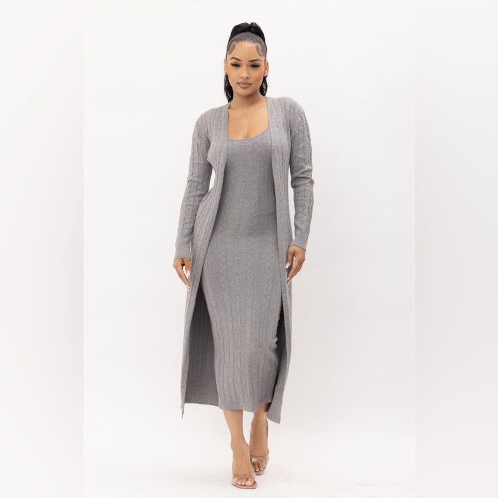 646. Tank Knit Dress and Long Cardigan Set in Hunter Gray